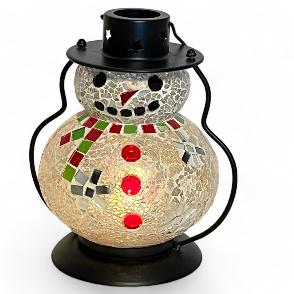 Vintage Mirror Glass Hang Mosaic Snowman Christmas Votive Candle Holder 8.5”
